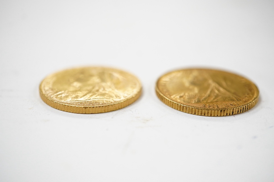 Australia gold coins, Victoria, two gold sovereigns, veiled head, 1899M, VF and 1900M, good VF